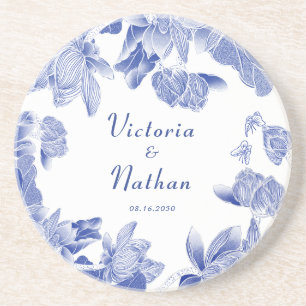 Posavasos Elegante Boda floral Chinoiserie azul blanco