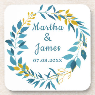 Posavasos Elegante Boda personalizado de la hoja de oro azul