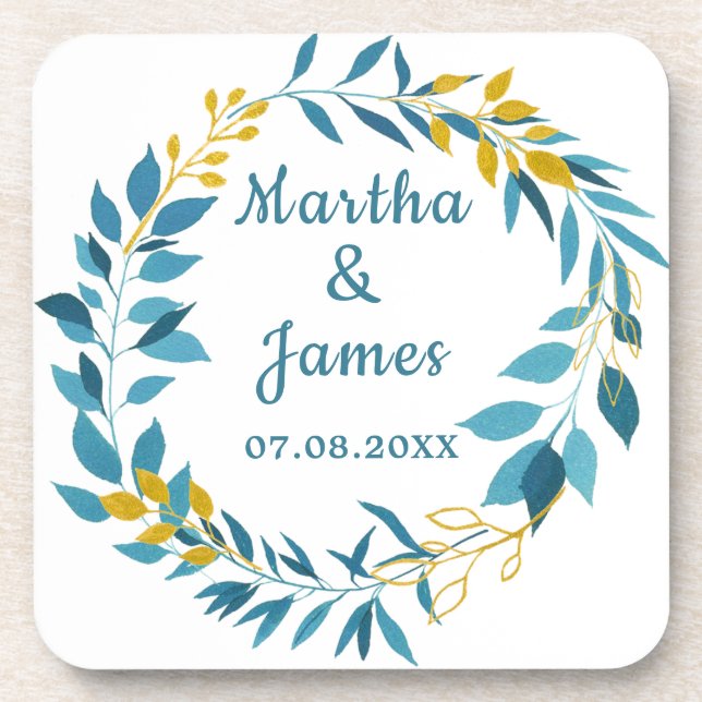 Posavasos Elegante Boda personalizado de la hoja de oro azul (Frente)