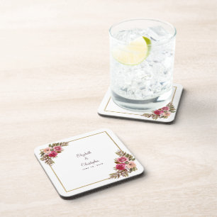Posavasos Elegante Botánico Floral Dorado Nombres de Pareja 