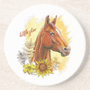 Posavasos Elegante caballo de dibujo a mano con plantas y fl