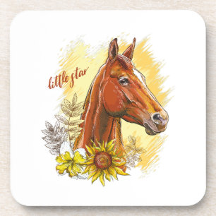 Posavasos Elegante caballo de dibujo a mano con plantas y fl