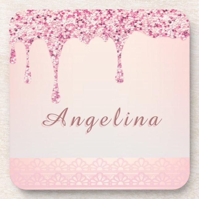 Posavasos Elegante Coaster de Drip con Glitter Rosa Glamur (Frente)