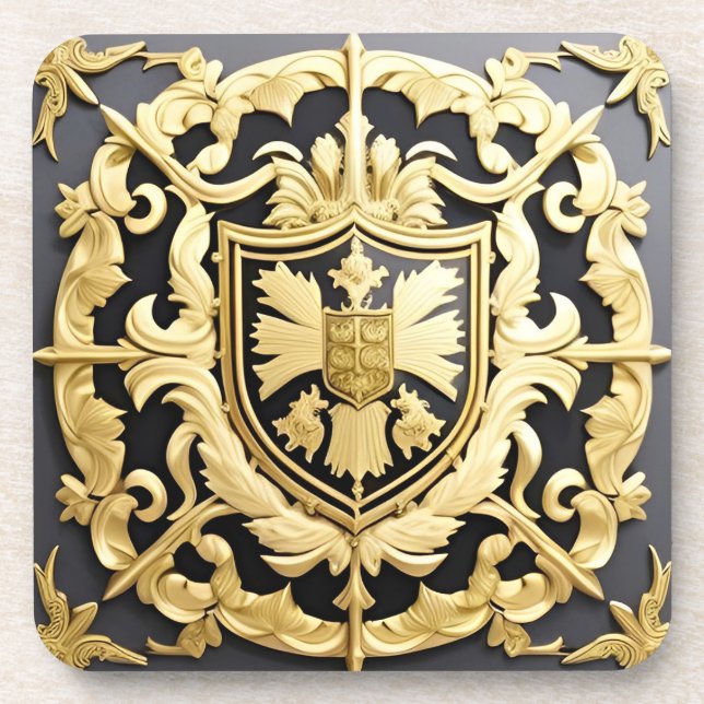 Posavasos Elegante Cresta Ornamental Dorada con Escudo (Frente)