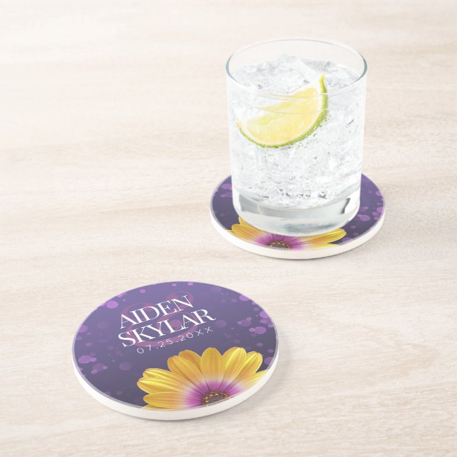 Posavasos Elegante Daisy Dorado con Boda Purpurina Púrpura (Lado)