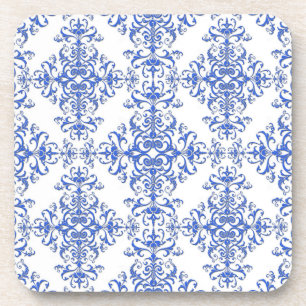 Posavasos Elegante estilo damask floral de cobalto azul y bl