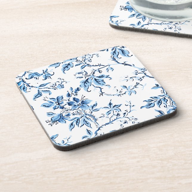 Posavasos Elegante floral azul y blanco Delft (Lado Izquierdo)