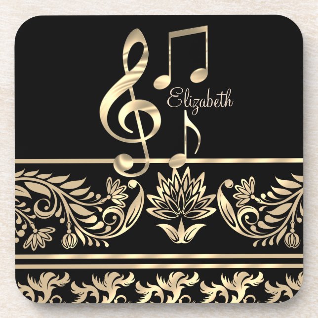 Posavasos Elegante Floral de Oro, Llave de Violín, Nota (Frente)
