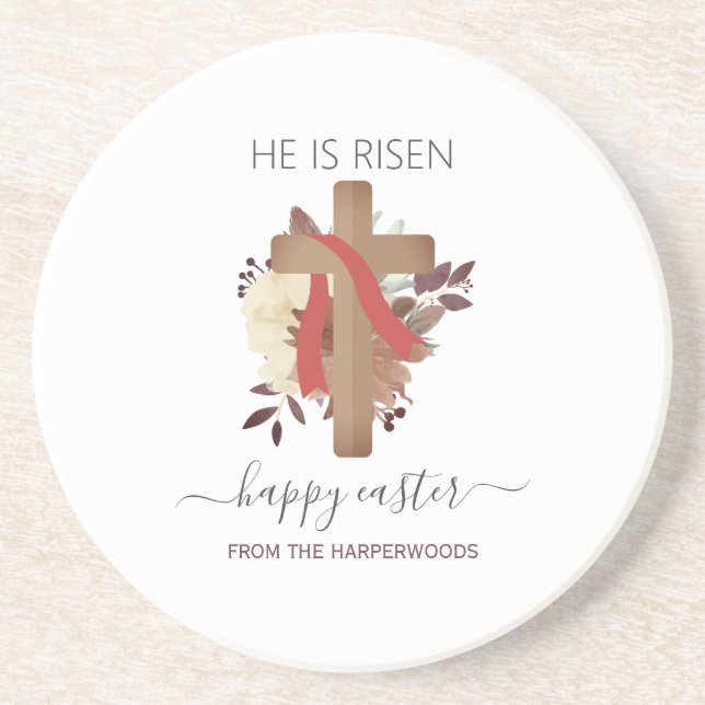 Posavasos Elegante Floral Feliz Cruz de Pascua Cristiana (Frente)