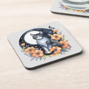 Posavasos Elegante Gato Negro Floral Moon Art Gato Amante