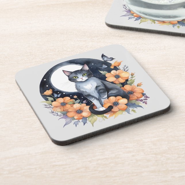 Posavasos Elegante Gato Negro Floral Moon Art Gato Amante (Lado Izquierdo)
