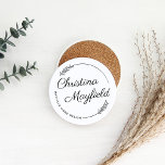 Posavasos Elegante Laurel deja un nombre personalizado de ne<br><div class="desc">Elegante diseño de montaña de piedra redondeada personalizado para un pequeño empresario presenta su nombre y apellido en escritura moderna de caligrafía enmarcada por una corona redonda con hojas de laurel de moda rústica. Personalice el texto curvado con un nombre comercial u otro texto preferido. Se pueden modificar los colores...</div>