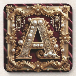 Posavasos Elegante Letra A Dorada Ornamentada Con Perlas