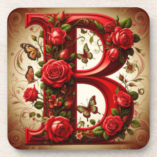 Posavasos Elegante letra B roja por Rosas y Mariposa