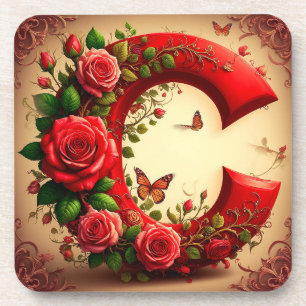 Posavasos Elegante letra C roja por rosas y mariposa
