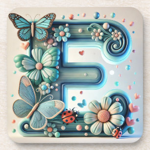 Posavasos Elegante letra floral E con mariposas