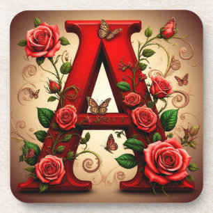 Posavasos Elegante letra roja A con rosas y mariposa