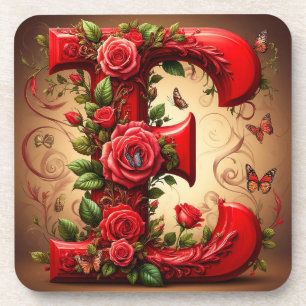 Posavasos Elegante letra roja E con rosas y mariposa