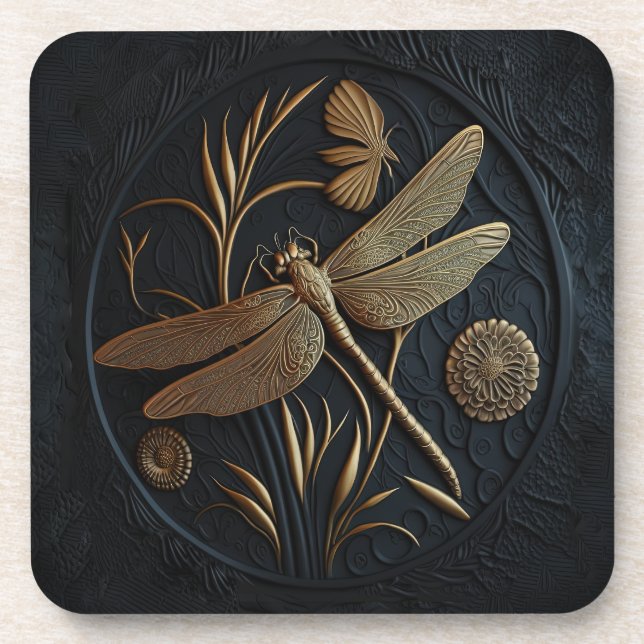 Posavasos Elegante libélula dorada en filigrí de bronce (Frente)