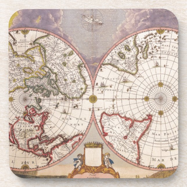 Posavasos Elegante litografía del Mapa del Mundo Antiguo (Frente)
