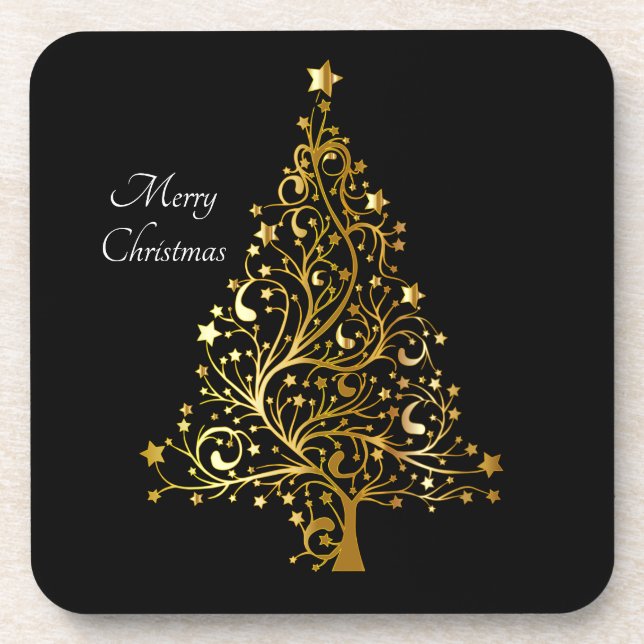 Posavasos Elegante Merry Christmas Tree Art Gold Black Stars (Frente)