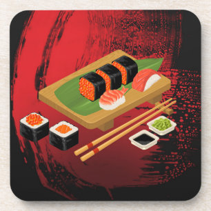 Posavasos Elegante Moderno Chic Cocina de Sushi Negro y Rojo