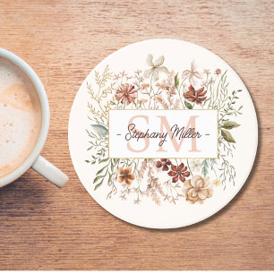 Posavasos Elegante Monograma Acuarela Floral de Flores Silve