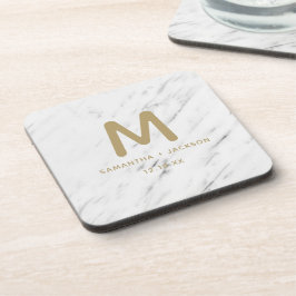 Posavasos Elegante Monograma Boda de Mármol Blanco y Relieve