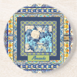 Posavasos Elegante monograma de cerámica azul de azulejo