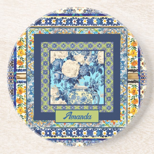 Posavasos Elegante monograma de cerámica azul de azulejo (Frente)