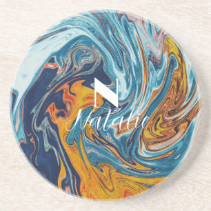 Posavasos Elegante Monograma de Oro Azul de Lujo