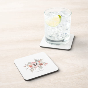 Posavasos Elegante Monograma Floral Rosa Rubor