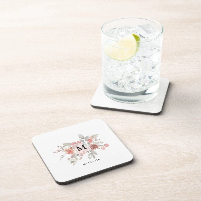 Posavasos Elegante Monograma Floral Rosa Rubor (Lado Derecho)