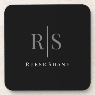 Posavasos Elegante monograma gris y nombre blanco en negro d