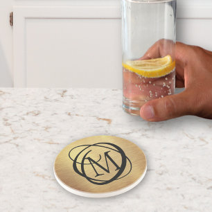 Posavasos Elegante Monograma Metalizado cepillado dorado est