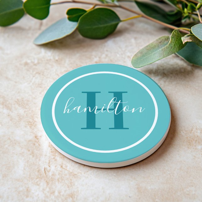 Posavasos Elegante Monograma Redondo en Azul Turquesa Script (Subido por el creador)