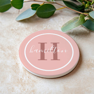 Posavasos Elegante Monograma Redondo en Rosa Rubor en Letra 