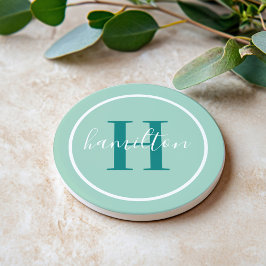 Posavasos Elegante Monograma Redondo en Verde Turquesa Scrip