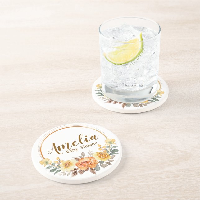 Posavasos Elegante Naranja Floral Baby Shower Sandstone Coas (Lado)
