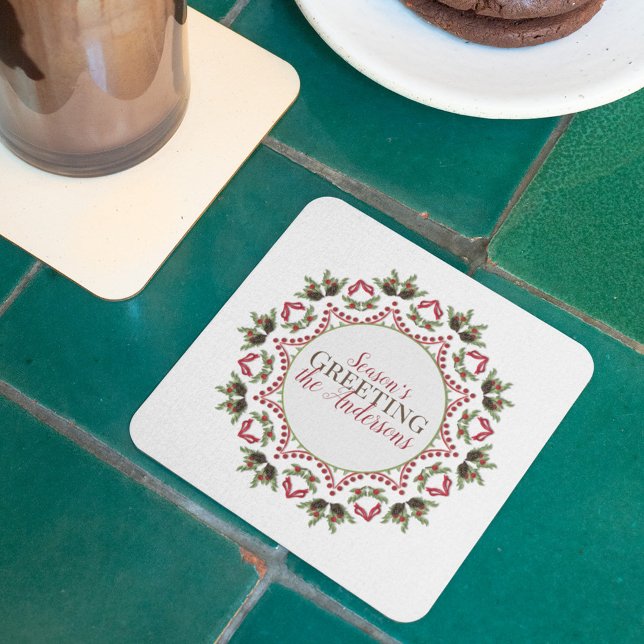 Posavasos Elegante nombre de Navidades del Círculo de Navida (Season' Greetings holiday greenery paper coaster)