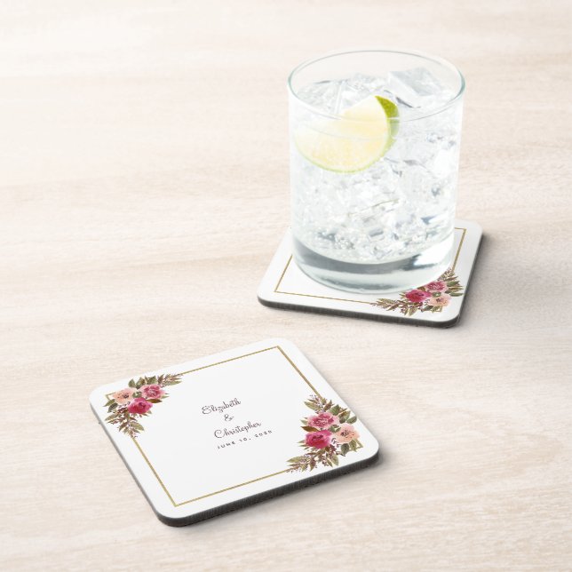 Posavasos Elegante nombre de pareja de Bodas botánicos flora (Lado Derecho)