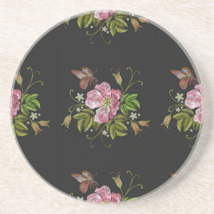 Posavasos Elegante patrón de bordado floral fondo negro