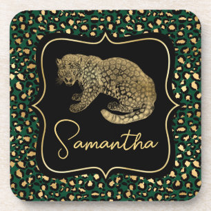 Posavasos Elegante patrón de Leopardo y Lugares Verde y Oro