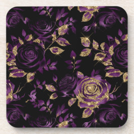 Posavasos Elegante patrón floral de rosa púrpura y dorado