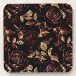 Posavasos Elegante patrón floral de rosa roja y dorada