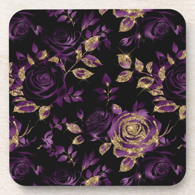 Posavasos Elegante patrón floral Rosa morado y dorado (Frente)