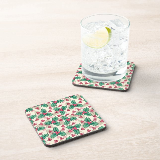 Posavasos Elegante patrón floral vintage navideño holly | (Lado Derecho)