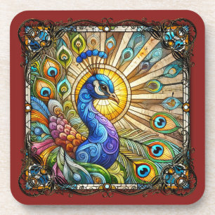 Posavasos Elegante Pavón de Vidrio Emplomado Art Nouveau