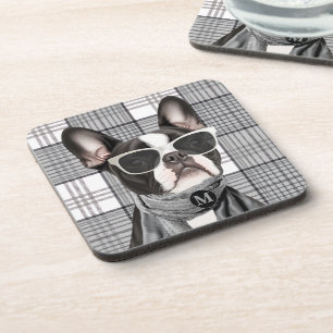 Posavasos Elegante perro Boston Terrier y monograma a cuadro