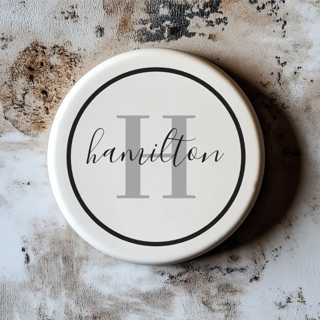 Posavasos Elegante Personalizado gris negro redondo Monogram (Subido por el creador)
